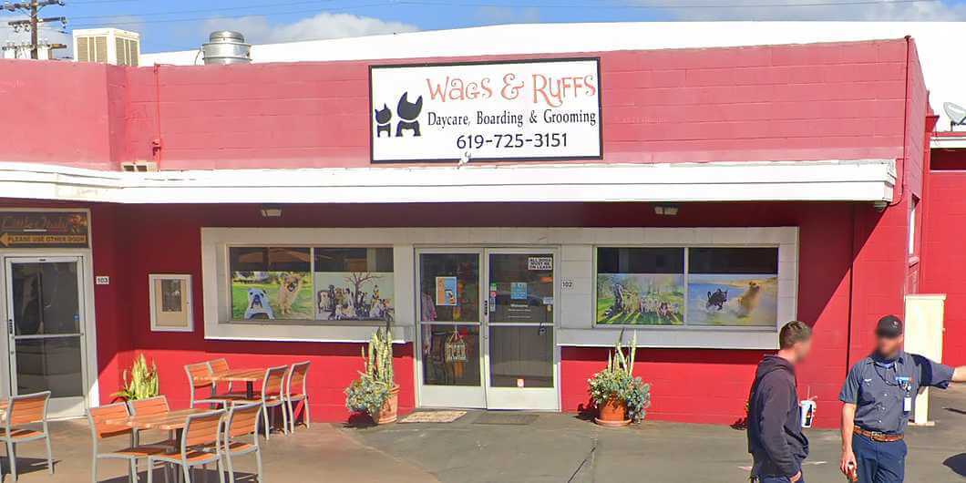 Storefront of Wags & Ruffs in Midway (San Diego), site of dog teeth cleaning by Qualified Pet Dental.