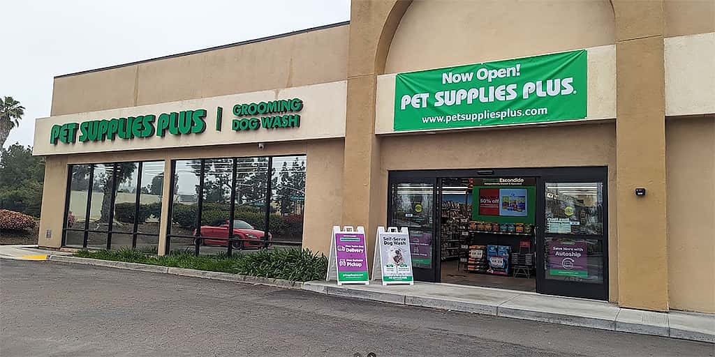 Storefront of Pet Supplies Plus in Escondido, California, host of dog teeth cleaning by Qualified Pet Dental.